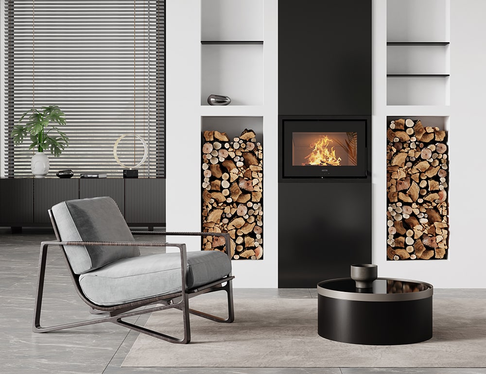 HETA Vista Kamineinsatz mit Feuer im Wohnraum